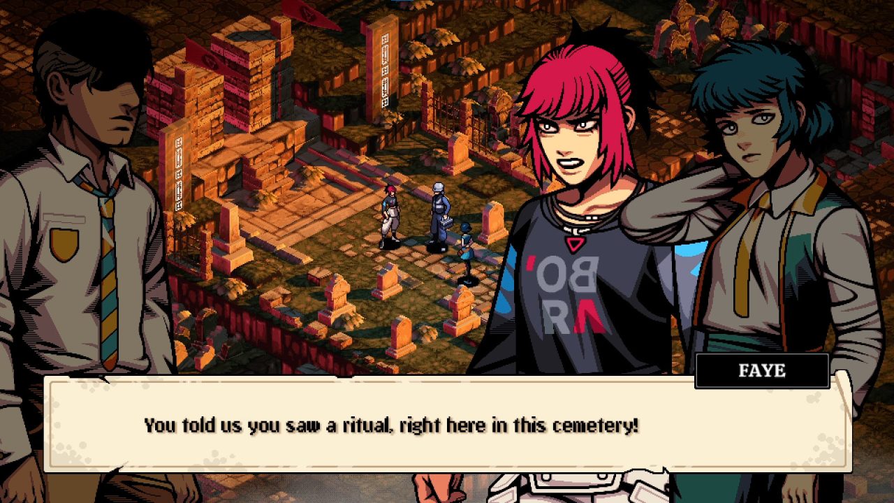 Protagonists Faye and Namako confront an NPC about demon rituals in a cemetary.