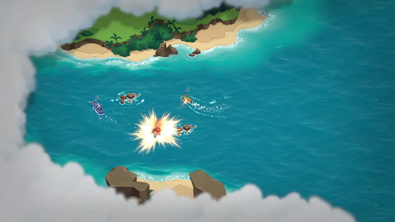 Steamworld Heist II screenshot showing naval combat on the overworld near the coast.